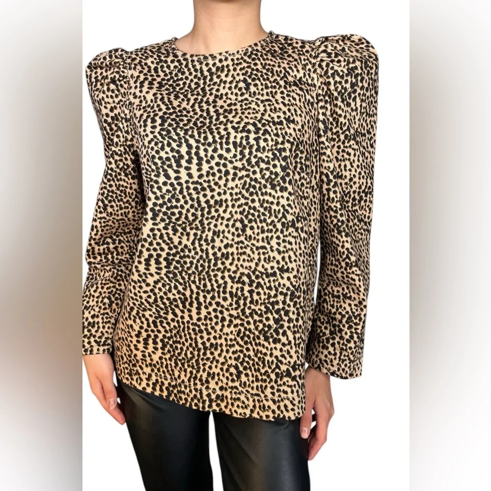 Ulla Johnson Leopard Print Long Puff Sleeve‎ Women's Thick Denim Blouse Top Sz 2